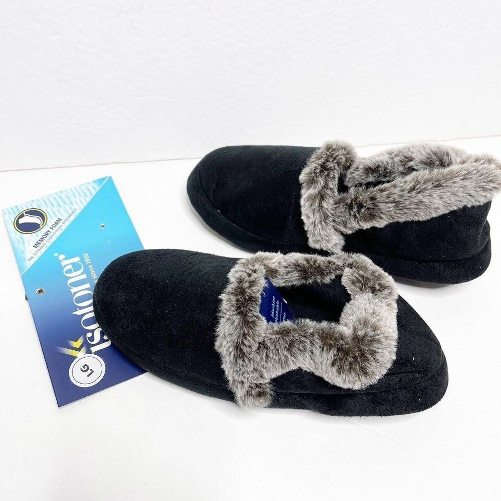 Isotoner Black Loafer Slippers L 8-9 Gray Faux Fur Cushioned Memory Foam Cozy - Picture 4 of 5